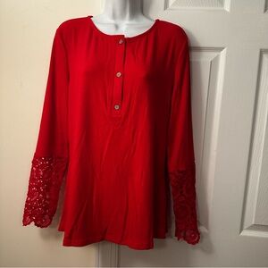 Women's Red Long-Sleeve Tunic Top with Lace Cuffs